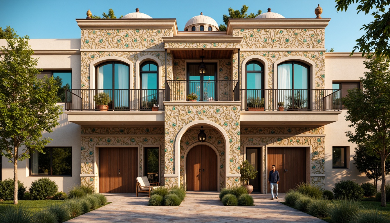 Prompt: Ornate Byzantine house facade, intricately carved stone ornaments, arched windows, domed roofs, vibrant turquoise accents, golden mosaics, ornamental brickwork, textured stucco finish, rustic wooden doors, intricate ironwork, ornate balconies, colorful ceramic tiles, Mediterranean-inspired architecture, warm sunny day, soft natural lighting, shallow depth of field, 1/1 composition, realistic textures, ambient occlusion.