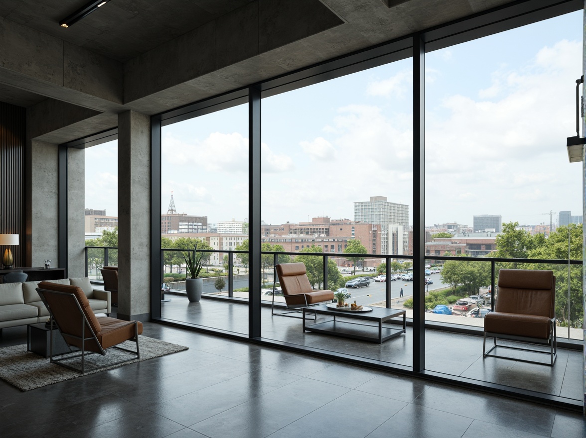 Prompt: Sleek modern building, floor-to-ceiling glass walls, minimalist interior design, polished concrete floors, industrial-chic aesthetic, abundant natural light, urban cityscape, busy streets, contemporary furniture, metallic accents, green roofs, panoramic views, shallow depth of field, 1/1 composition, softbox lighting, ambient occlusion.