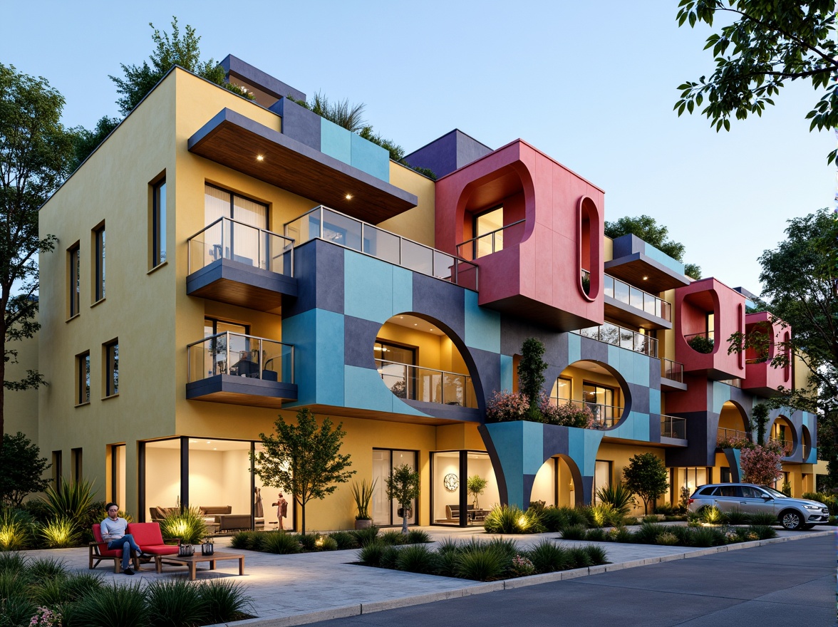 Prompt: Vibrant community housing, modern facade design, bold color schemes, dynamic patterns, angular balconies, cantilevered roofs, green walls, living walls, vertical gardens, solar panels, wind turbines, sustainable energy solutions, eco-friendly materials, minimalist aesthetics, clean lines, rectangular forms, large windows, sliding glass doors, cozy outdoor spaces, warm ambient lighting, shallow depth of field, 3/4 composition, realistic textures, ambient occlusion.