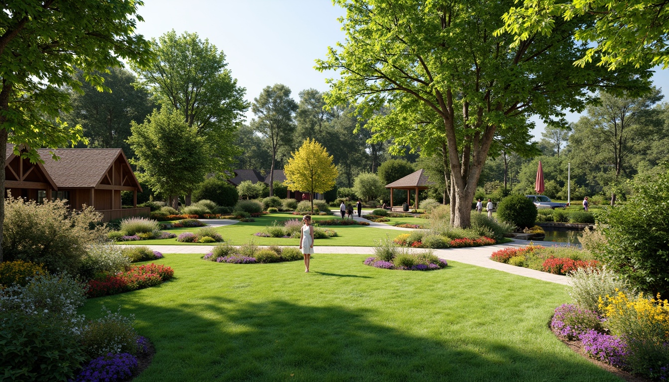 Prompt: Lush green lawn, vibrant flowerbeds, ornamental trees, meandering pathways, rustic stone walls, wooden fences, serene water features, tranquil ponds, colorful garden benches, natural rock formations, blooming shrubs, sunny day, soft warm lighting, shallow depth of field, 3/4 composition, panoramic view, realistic textures, ambient occlusion.