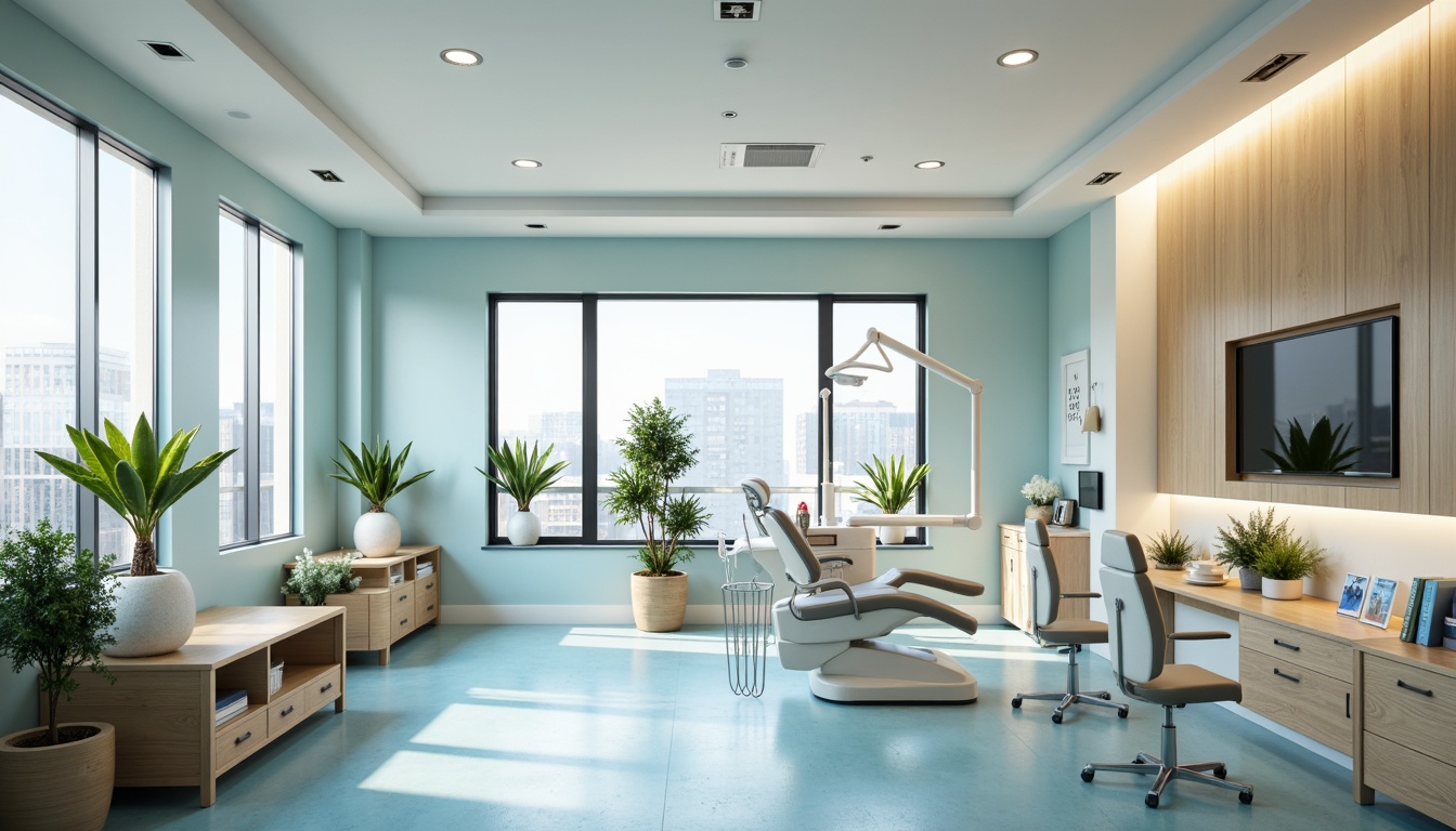 Prompt: Vibrant dental clinic, calming atmosphere, soothing color palette, gentle blue hues, creamy whites, warm beige tones, natural wood accents, modern minimalist furniture, sleek metal equipment, sterile glass surfaces, soft diffused lighting, subtle texture contrasts, 3/4 composition, shallow depth of field, realistic reflections, ambient occlusion.