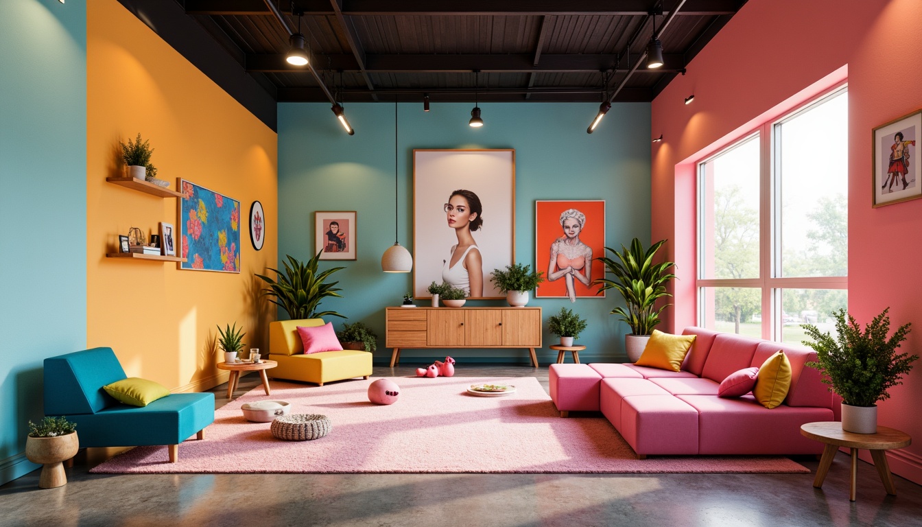 Prompt: Vibrant design studio, modern furniture pieces, bold color schemes, pastel hues, neon accents, metallic finishes, sleek lines, minimalist decor, creative freedom, artistic expression, eclectic vibe, playful atmosphere, warm lighting, shallow depth of field, 1/1 composition, realistic textures, ambient occlusion.