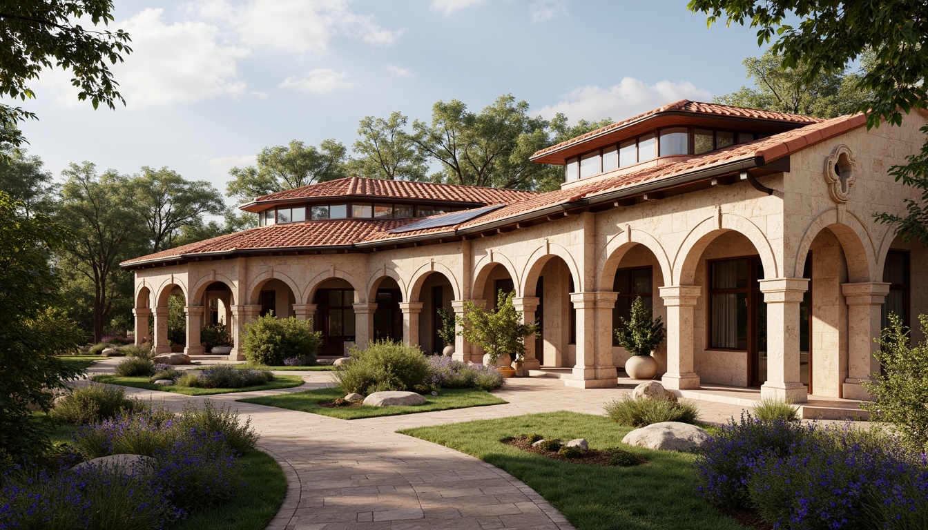 Prompt: Rustic school building, Romanesque style architecture, curved arches, ornate stone carvings, terracotta rooftops, clay tiles, solar panels, green roofs, eco-friendly materials, innovative gutter systems, rainwater harvesting, natural ventilation, clerestory windows, soft warm lighting, 3/4 composition, panoramic view, realistic textures, ambient occlusion.