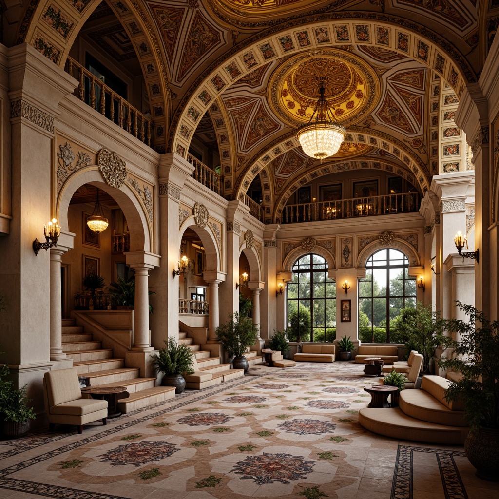 Prompt: Ornate Byzantine-style mansion, grandiose entrance arches, intricately carved stone facades, golden domes, ornamental columns, vibrant mosaic patterns, richly textured marble floors, lavish chandeliers, grand staircases, opulent furnishings, warm candlelight, soft warm colors, shallow depth of field, 1/1 composition, realistic textures, ambient occlusion.