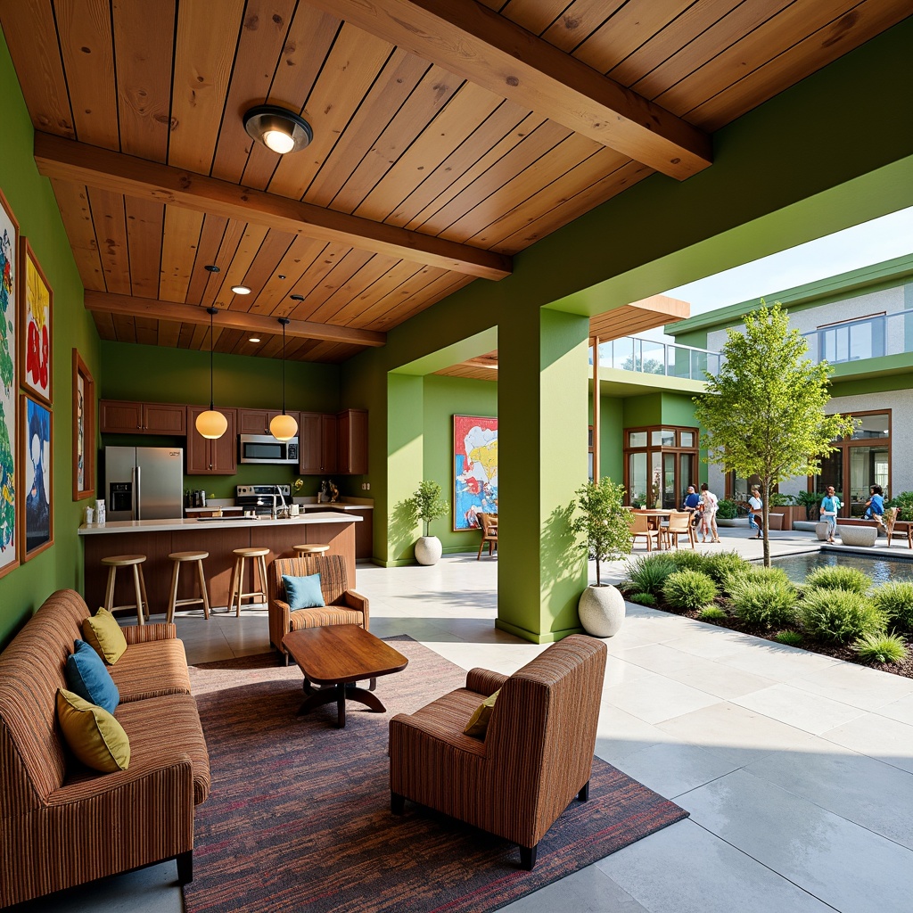 Prompt: Cozy community lounge, warm wooden accents, plush furniture, natural stone flooring, vibrant green walls, eclectic artwork, communal kitchen, shared dining area, flexible seating arrangements, abundant natural light, large windows, sliding glass doors, outdoor courtyard, lush landscaping, water feature, modern amenities, sustainable materials, energy-efficient systems, accessible pathways, inclusive design, diverse cultural patterns, colorful textiles, dynamic lighting, shallow depth of field, 1/1 composition, realistic textures, ambient occlusion.