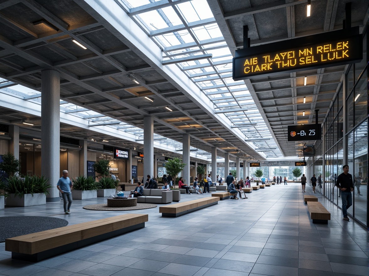 Prompt: Modern transportation hub, sleek metal fa\u00e7ade, glass roofs, polished concrete floors, industrial-style lighting, exposed ductwork, minimalist seating areas, stainless steel handrails, LED signage, dynamic digital displays, futuristic architecture, high-tech materials, metallic accents, reflective surfaces, angular lines, urban cityscape, bustling atmosphere, morning rush hour, soft natural light, shallow depth of field, 1/1 composition, realistic textures, ambient occlusion.