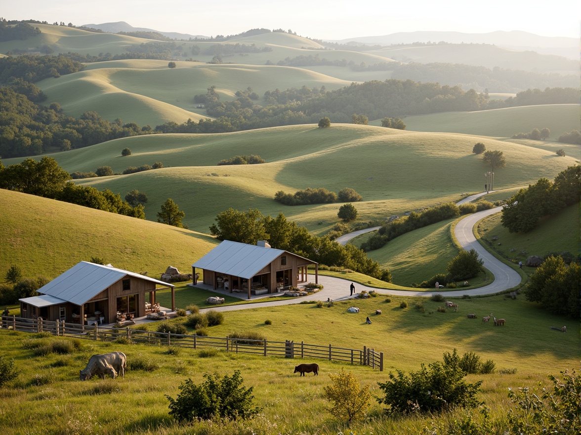 Prompt: Rolling hills, vast farmland, rustic barns, wooden fences, green pastures, grazing livestock, meandering country roads, scenic overlooks, modern farmhouse designs, sustainable agricultural practices, solar-powered irrigation systems, organic farming methods, natural stone retaining walls, weathered metal roofs, earthy color palette, soft warm lighting, shallow depth of field, 2/3 composition, panoramic view, realistic textures, ambient occlusion.