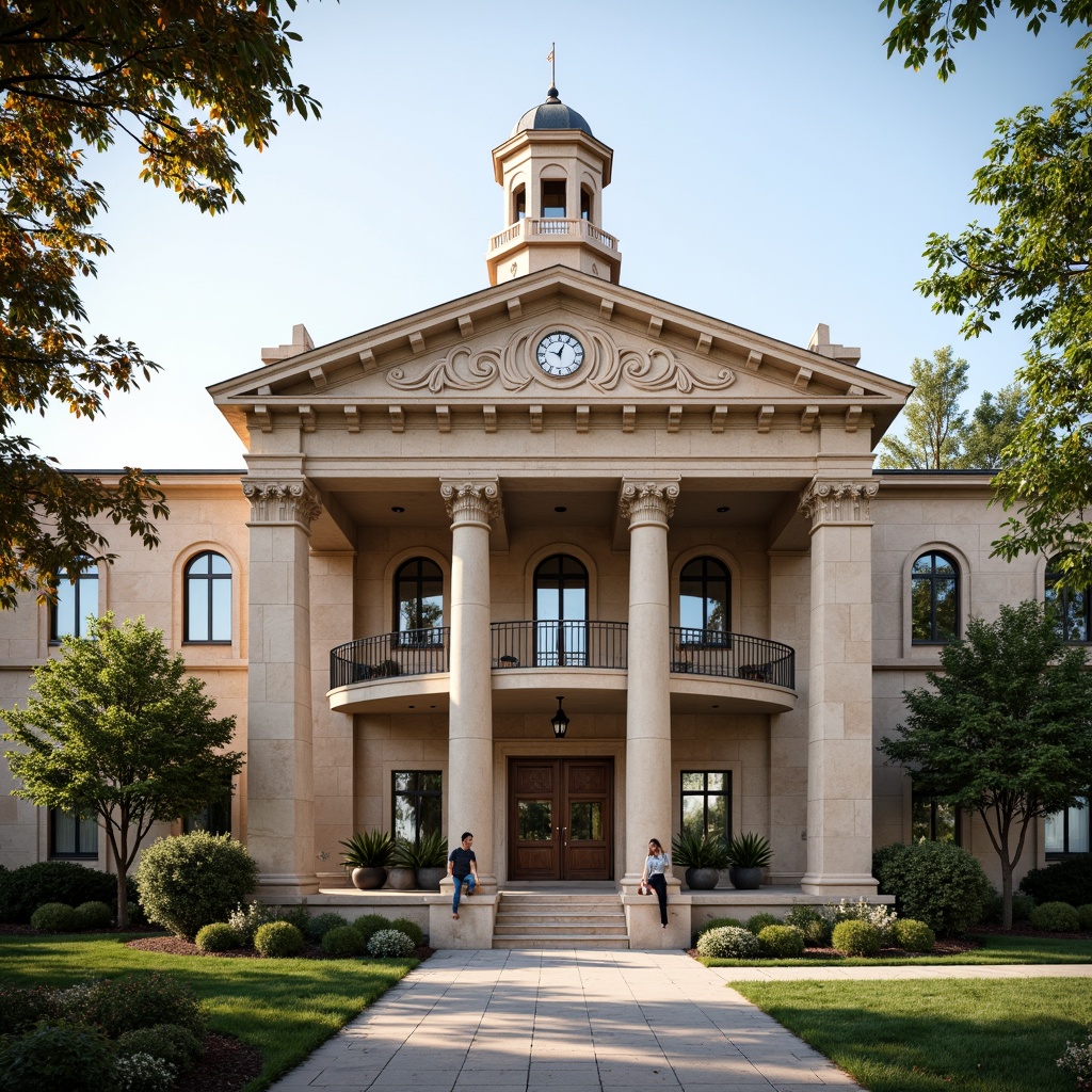 Prompt: Historic courthouse building, neoclassical facade, grand entrance columns, ornate stone carvings, clock tower, symmetrical composition, formal landscaping, manicured lawns, walking paths, mature trees, natural stone walls, classic pediment, Corinthian capitals, ionic pilasters, rusticated base, warm beige stonework, subtle arches, ornate metalwork, bronze doors, intricate stucco patterns, soft morning light, shallow depth of field, 2/3 composition, realistic textures, ambient occlusion.