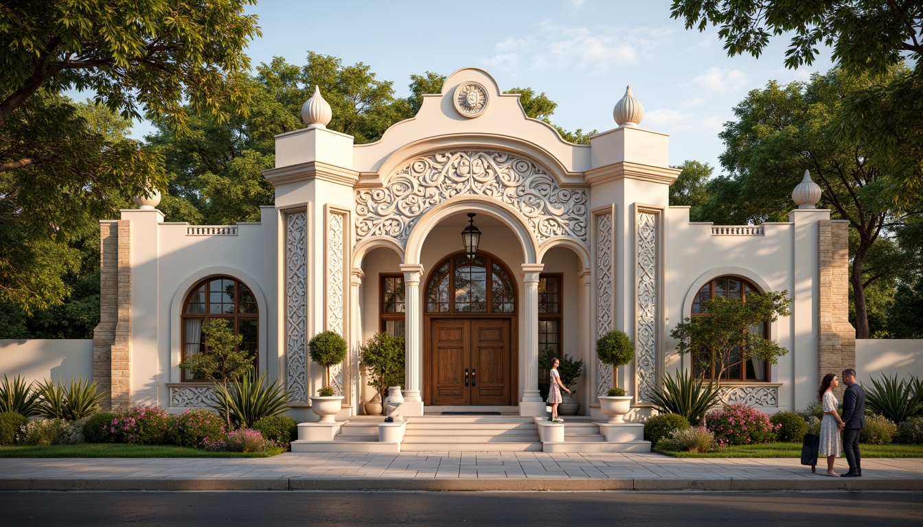 Prompt: Whimsical clinic facade, ornate Victorian details, soft pastel colors, delicate filigree patterns, grand entrance archways, elegant columns, intricate stonework, lush greenery, blooming flowers, natural stone walls, stained glass windows, warm golden lighting, shallow depth of field, 1/2 composition, romantic atmosphere, realistic textures, ambient occlusion.