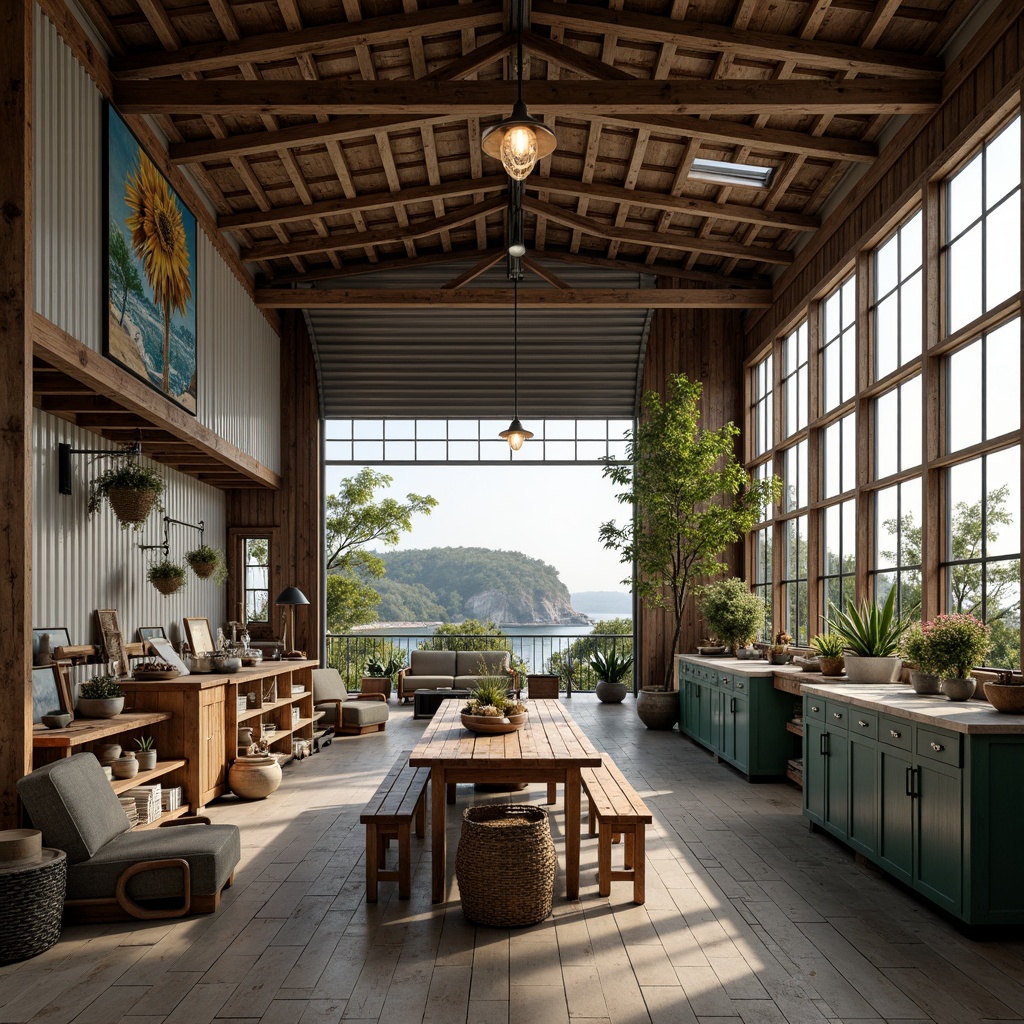 Prompt: Rustic coastal workshop, reclaimed wood accents, ocean-inspired color palette, weathered metal roofs, corrugated steel walls, large windows, natural ventilation systems, solar panels, wind turbines, rainwater harvesting systems, green roofs, living walls, eco-friendly materials, recycled glass countertops, driftwood decorative elements, nautical-themed lighting fixtures, distressed wooden floors, soft warm lighting, shallow depth of field, 3/4 composition, panoramic view, realistic textures, ambient occlusion.