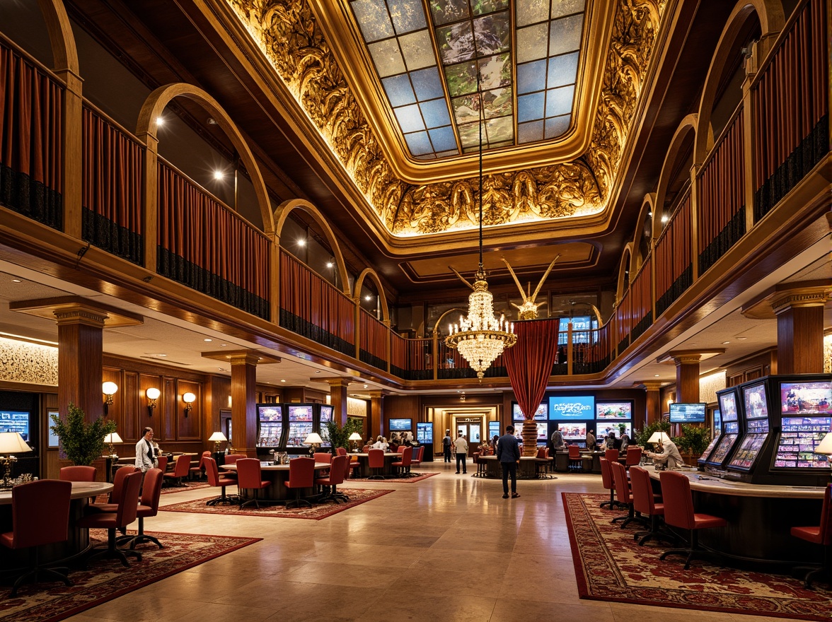 Prompt: Luxurious casino interior, ornate Art Nouveau detailing, intricate ironwork, curved lines, flowing organic forms, stained glass ceilings, grand chandeliers, rich velvet drapes, polished marble floors, gilded accents, lavish furnishings, opulent decor, warm golden lighting, shallow depth of field, 1/1 composition, realistic textures, ambient occlusion.