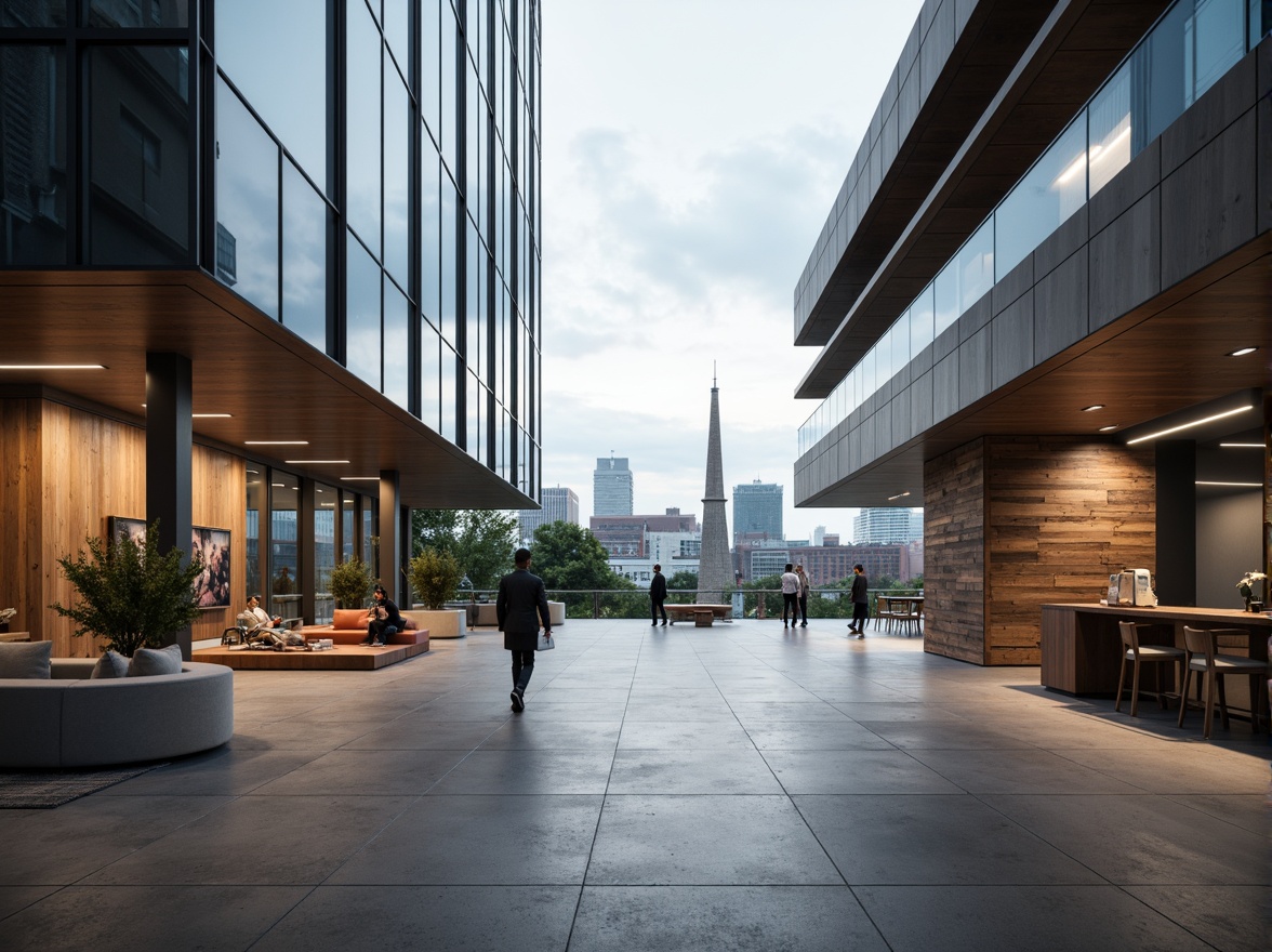 Prompt: Sleek modern buildings, curved lines, metallic surfaces, reflective glass facades, polished concrete floors, minimalist decor, industrial chic accents, reclaimed wood textures, exposed ductwork, urban cityscape, cloudy grey skies, soft diffused lighting, shallow depth of field, 2/3 composition, cinematic view, realistic reflections, ambient occlusion.