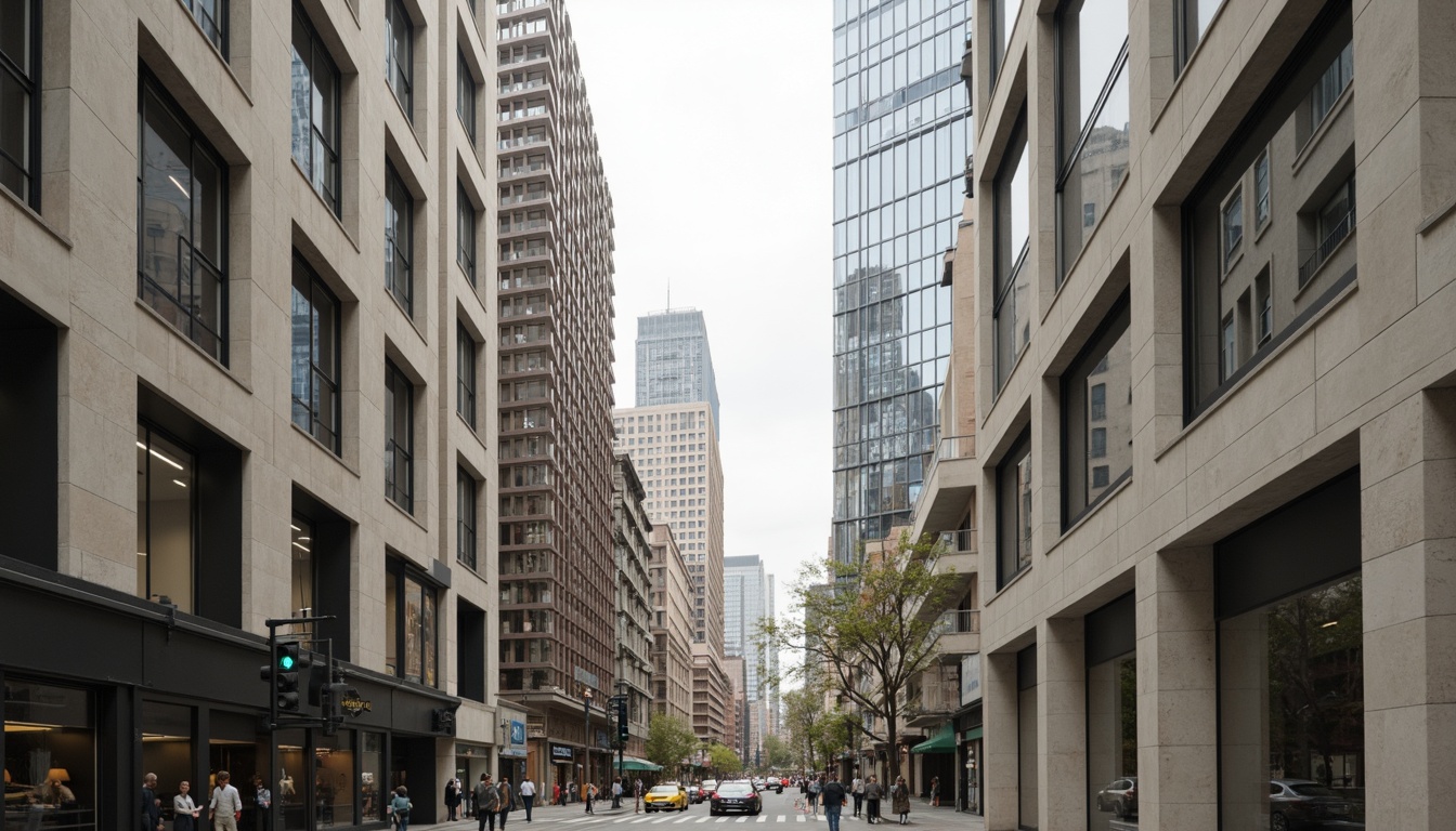 Prompt: Monochromatic color palette, neutral tones, beige concrete walls, silver aluminum frames, black steel beams, glass facades, minimalist ornamentation, clean lines, rectangular forms, functional simplicity, urban cityscape, busy streets, modern skyscrapers, cloudy day, soft diffused lighting, shallow depth of field, 2/3 composition, symmetrical view, realistic reflections, ambient occlusion.