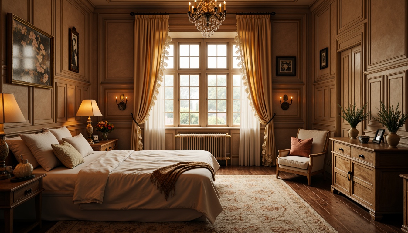 Prompt: Whimsical boudoir, soft velvety drapes, flowing silk curtains, delicate lace trimmings, ornate wooden shutters, distressed finishes, vintage hardware, romantic candlelight, warm golden hues, plush area rugs, luxurious fabrics, billowy sheers, subtle patterns, elegant folds, dramatic swags, opulent tassels, lavish trims, intimate ambiance, cozy nooks, relaxing atmosphere, soft focus, warm color palette, 1/2 composition, shallow depth of field.