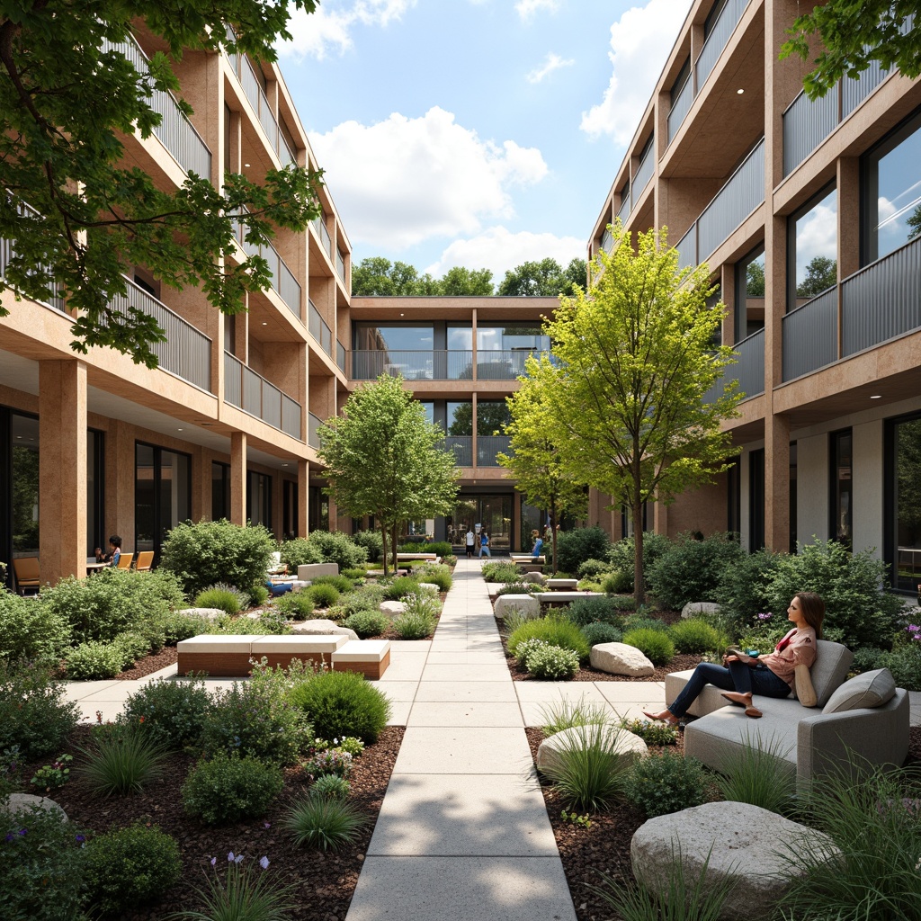 Prompt: Soothing hospital courtyard, lush green roofs, calming water features, natural stone pathways, serene seating areas, vibrant flower beds, therapeutic gardens, accessible walking trails, wheelchair-friendly ramps, modern healthcare architecture, large windows, abundant natural light, warm wood accents, comfortable waiting areas, peaceful ambiance, shallow depth of field, 1/1 composition, realistic textures, ambient occlusion.