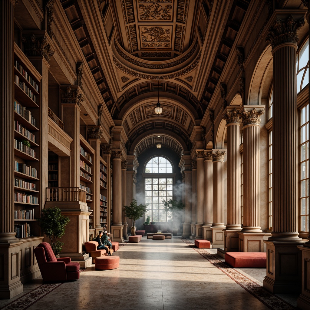 Prompt: Grand neoclassical library, ornate columns, intricately carved capitals, polished marble floors, elegant archways, towering bookshelves, rich wooden paneling, comfortable reading nooks, soft warm lighting, subtle texture mapping, atmospheric fog effects, cinematic camera angles, 1/1 composition, symmetrical framing, vivid color grading.