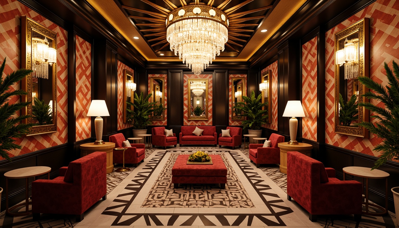 Prompt: Luxurious Art Deco interior, opulent geometric patterns, metallic accents, lavish ornaments, rich velvet fabrics, glamorous chandeliers, sunburst motifs, zigzag lines, chevron shapes, hexagonal tiles, inlaid wood furniture, ornate mirrors, bold color schemes, high-contrast lighting, 1/1 composition, sharp focus, dramatic shadows, ornamental details.