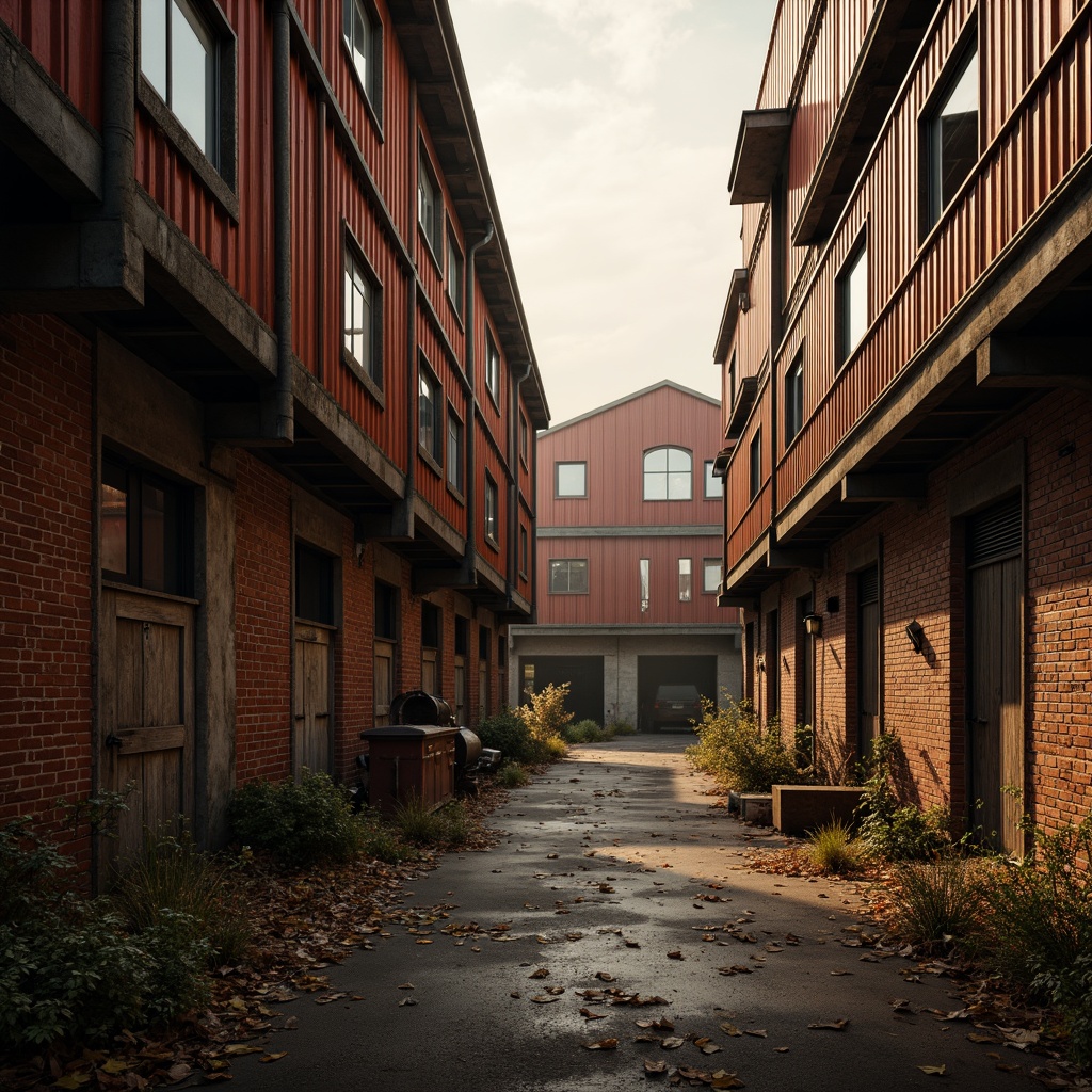 Prompt: Rustic factory facade, industrial heritage, red brick walls, steel frame structures, large windows, metal cladding, corrugated roofing, worn wooden doors, distressed finishes, urban decay, post-industrial landscape, neglected alleys, overgrown vegetation, abandoned machinery, nostalgic ambiance, warm golden lighting, high contrast shadows, 1/2 composition, cinematic framing, gritty textures, atmospheric fog.