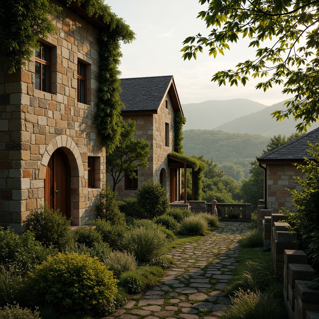 Prompt: Rustic stone buildings, arched windows, ornate carvings, lush greenery, overgrown vines, ancient trees, serene countryside, rolling hills, misty morning, warm golden lighting, soft focus, 1/1 composition, intimate atmosphere, natural textures, ambient occlusion, earthy tones, moss-covered walls, weathered stone surfaces, tranquil ambiance.