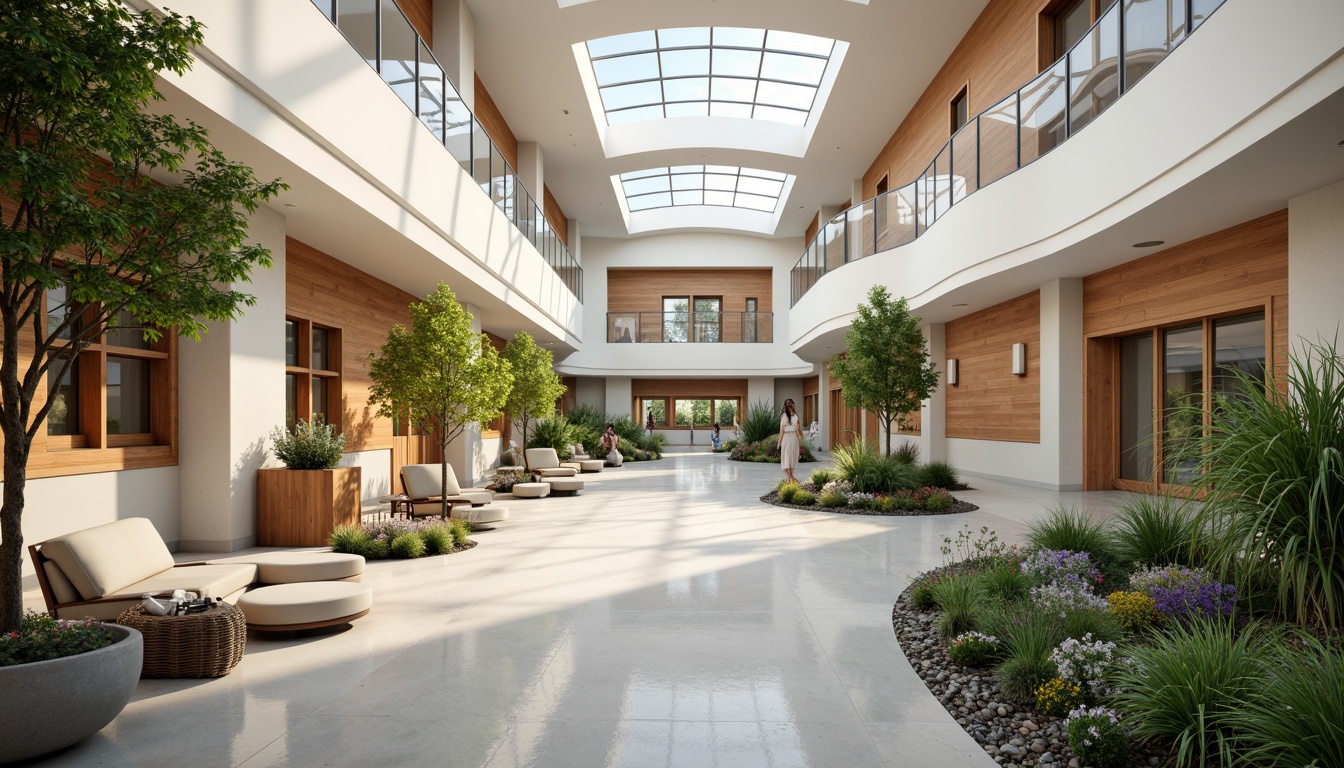 Prompt: Spacious hospital lobby, abundant natural light, high ceilings, clerestory windows, skylights, warm wood accents, comfortable seating areas, lush greenery, calming water features, soothing color palette, gentle curves, minimal ornamentation, efficient floor plans, easy wayfinding, ample parking spaces, serene outdoor gardens, blooming flowers, soft warm lighting, shallow depth of field, 1/1 composition, panoramic view, realistic textures, ambient occlusion.