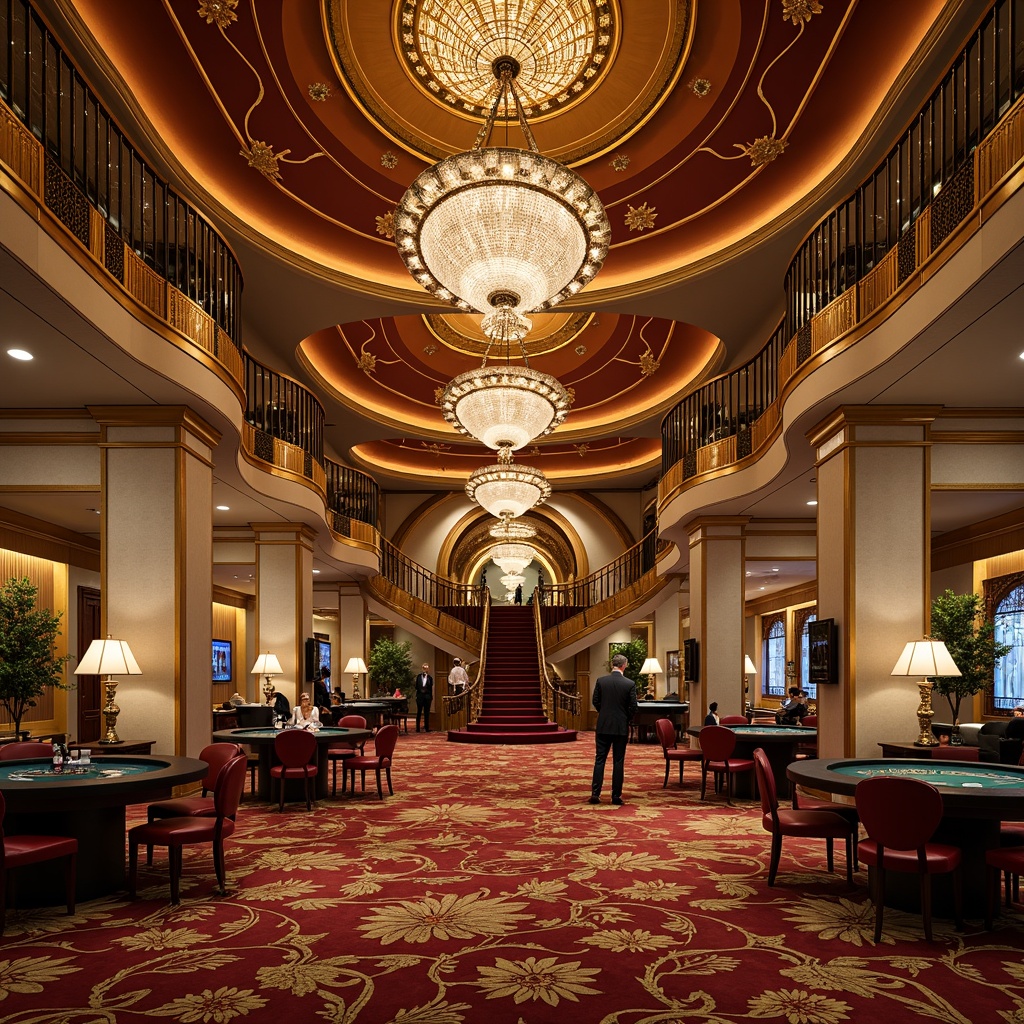 Prompt: Luxurious casino, ornate detailing, curvaceous lines, flowing patterns, golden accents, rich velvet fabrics, intricate moldings, decorative archways, grand staircases, crystal chandeliers, lavish furnishings, opulent decorations, warm amber lighting, soft focus, shallow depth of field, 1/1 composition, symmetrical framing, realistic textures, ambient occlusion.