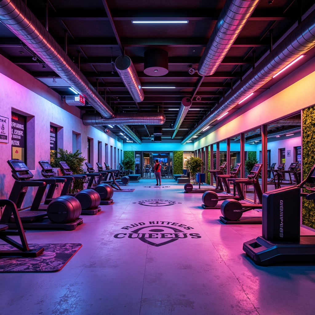 Prompt: Vibrant fitness club, energetic atmosphere, bold color scheme, contrasting hues, motivational quotes, modern equipment, sleek flooring, industrial lighting, exposed ductwork, concrete walls, metallic accents, dynamic patterns, gradient effects, neon signs, futuristic ambiance, high-contrast visuals, invigorating colors, stimulating textures, abstract shapes, geometric forms, athletic-inspired decor, sports-themed artwork, illuminated mirrors, refreshing color tones, calming neutrals, natural materials, reclaimed wood, living green walls, energetic typography, bold font styles.