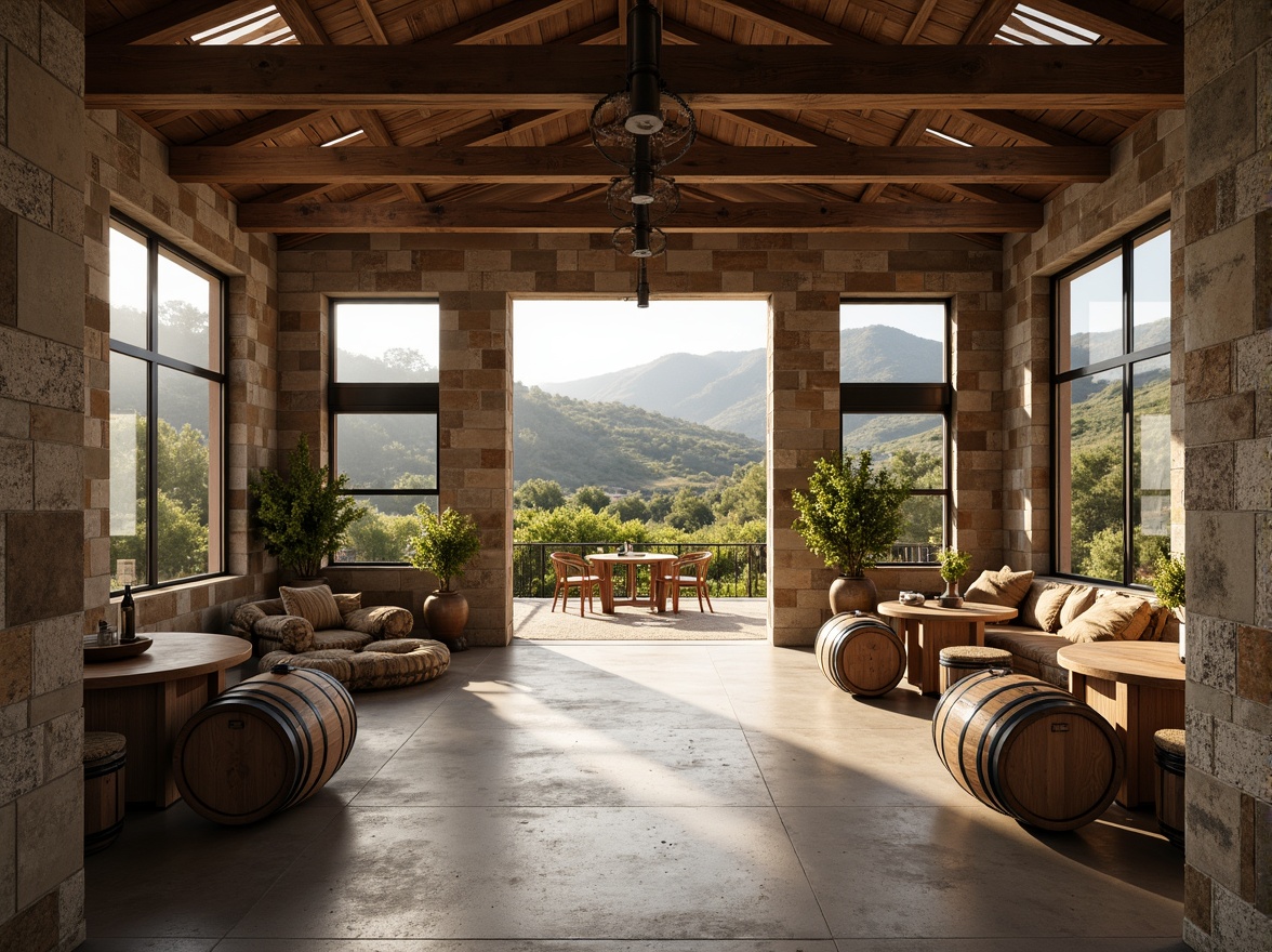 Prompt: Rustic winery, stone walls, wooden barrels, vineyard views, rolling hills, Mediterranean landscape, modern structuralist architecture, clean lines, minimalist design, industrial chic, metal accents, reclaimed wood, earthy tones, natural light, clerestory windows, open floor plan, functional spaces, wine cellar, tasting room, fermentation tanks, oak aging rooms, rustic decor, warm ambient lighting, shallow depth of field, 2/3 composition, realistic textures, ambient occlusion.