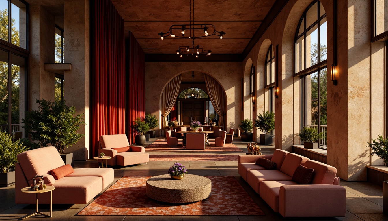 Prompt: Rich velvet fabrics, metallic accents, rough stone walls, smooth glass surfaces, natural wood textures, soft suede upholstery, intricate mosaic patterns, bold geometric shapes, vibrant color contrasts, warm golden lighting, high-contrast composition, dramatic shadows, realistic renderings, ambient occlusion.