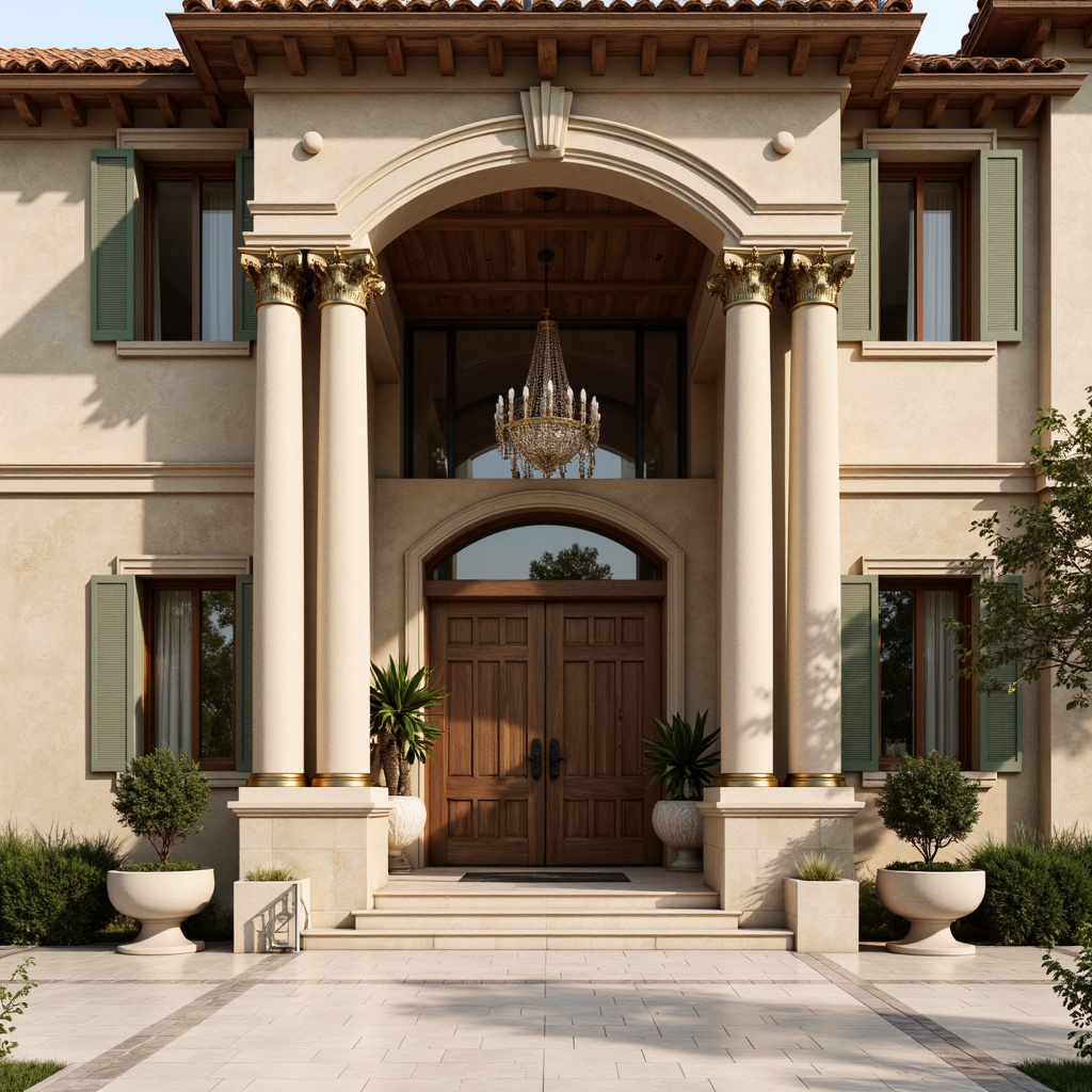 Prompt: Warm beige stone fa\u00e7ade, rich walnut wood accents, soft cream-colored columns, ornate golden details, subtle terracotta roof tiles, muted sage green shutters, elegant ivory marble floors, classic black ironwork, refined bronze door handles, sophisticated neutral-toned walls, dramatic high ceilings, grand crystal chandeliers, warm ambient lighting, shallow depth of field, 2/3 composition, symmetrical framing, realistic textures, subtle atmospheric effects.