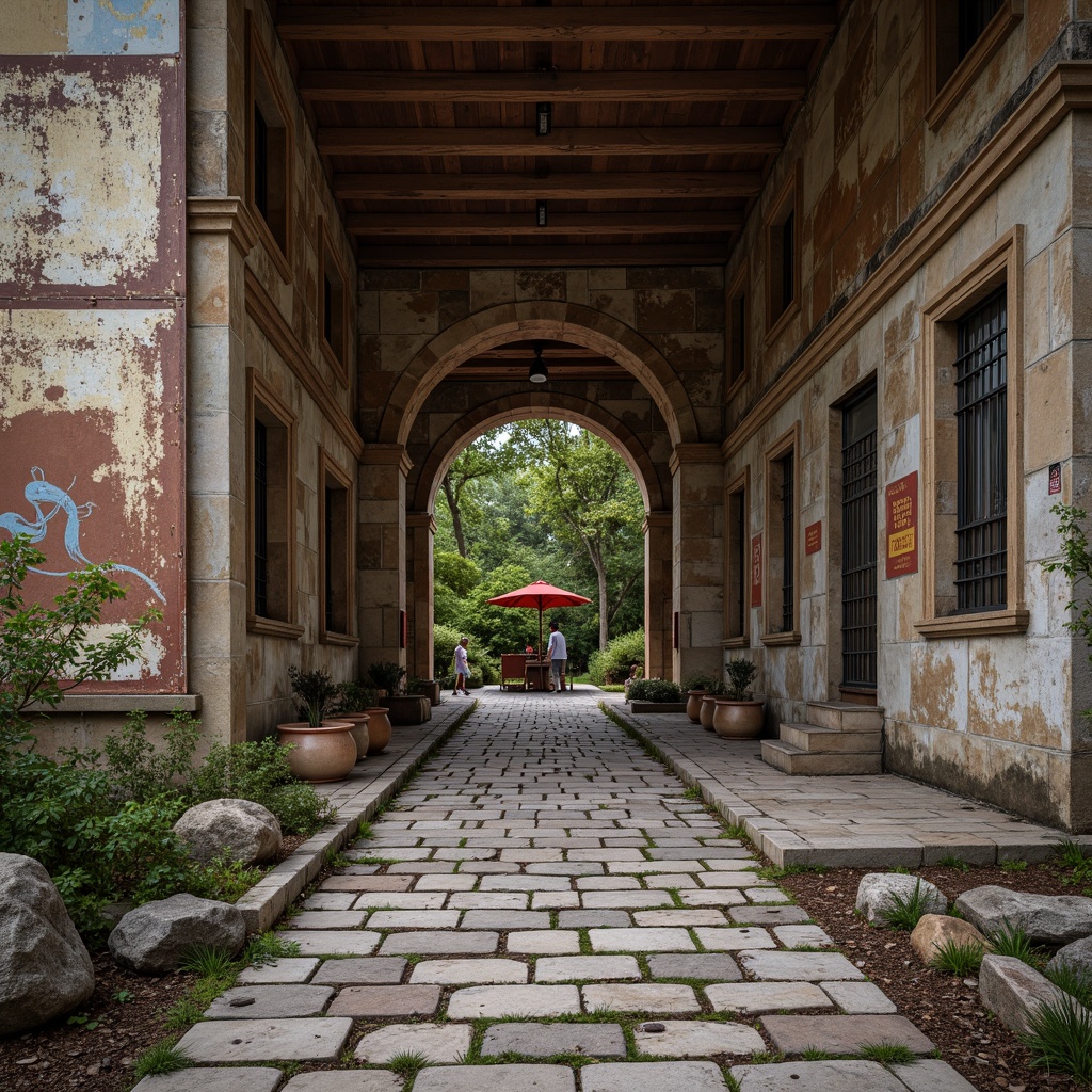 Prompt: Rustic wooden planks, weathered stone walls, distressed metal sheets, rough-hewn boulders, moss-covered rocks, peeling paint, faded murals, cracked concrete floors, worn brick pathways, vintage signage, ornate ironwork, intricate carvings, natural fiber textiles, earthy color palette, warm ambient lighting, shallow depth of field, 2/3 composition, realistic textures, ambient occlusion.