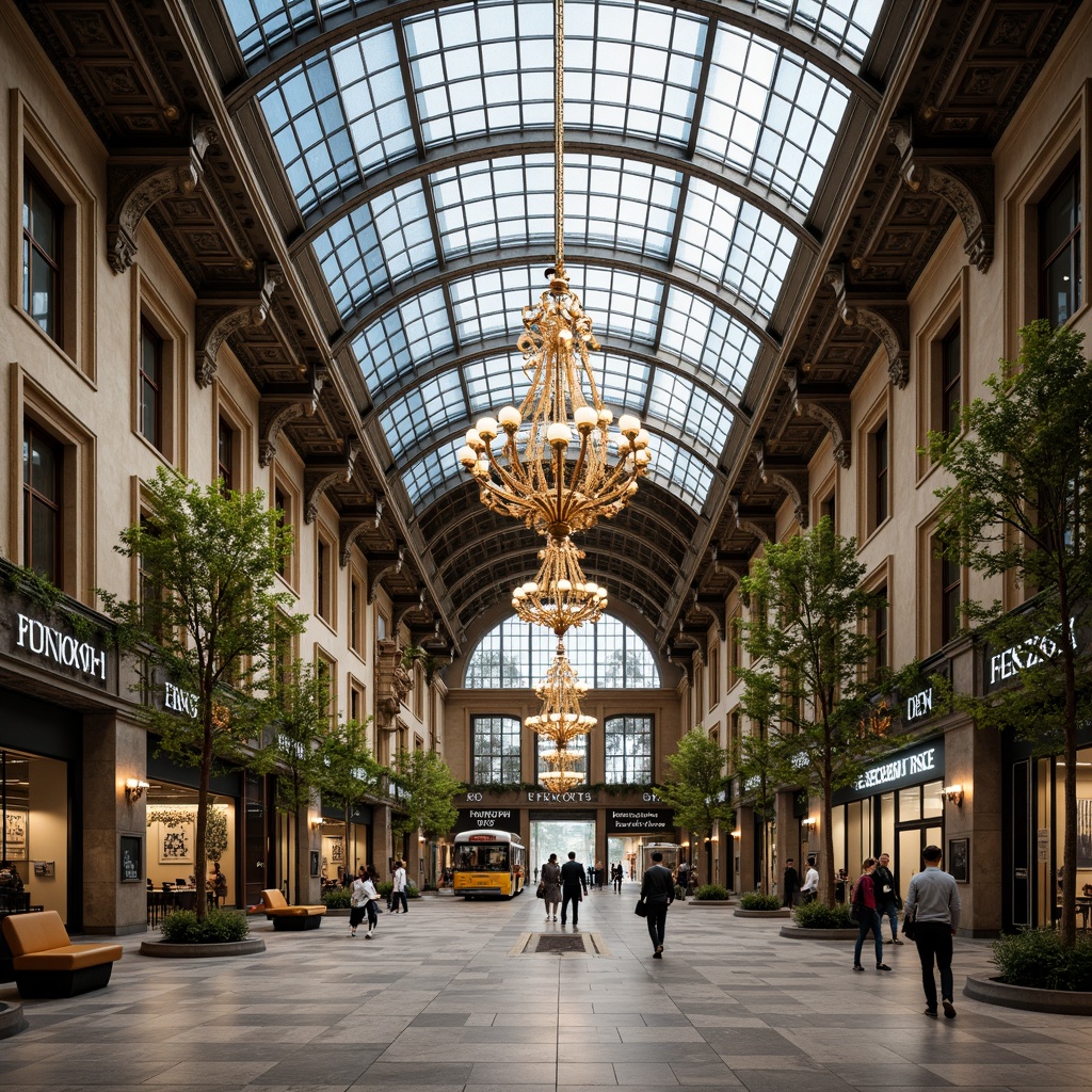 Prompt: Grand bus station, ornate metallic fa\u00e7ade, intricate stone carvings, curved glass roof, vaulted ceilings, luxurious chandeliers, polished marble floors, elegant benches, sophisticated signage, verdant green walls, natural light pouring, soft warm ambiance, shallow depth of field, 1/2 composition, symmetrical framing, realistic reflections, ambient occlusion.