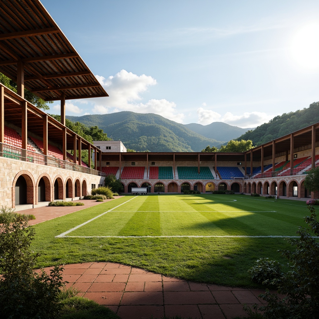 Prompt: Rustic soccer stadium, regional materials, earthy tones, natural stone fa\u00e7ade, wooden accents, corrugated metal roofs, brick arches, concrete columns, vibrant team colors, dynamic LED lighting, lush greenery, surrounding hills, sunny afternoon, warm soft shadows, 1/1 composition, atmospheric perspective, realistic textures, ambient occlusion.Let me know if you need any adjustments!