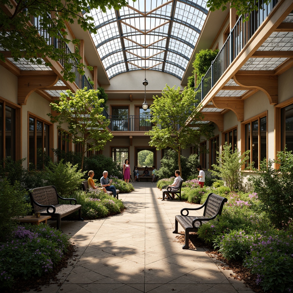 Prompt: \Whimsical hospital courtyard, lush greenery, vibrant flowerbeds, meandering pathways, ornate ironwork benches, stained glass canopies, sinuous lines, organic forms, Art Nouveau architectural details, soft warm lighting, shallow depth of field, 3/4 composition, panoramic view, realistic textures, ambient occlusion.\Let me know if you need any adjustments!