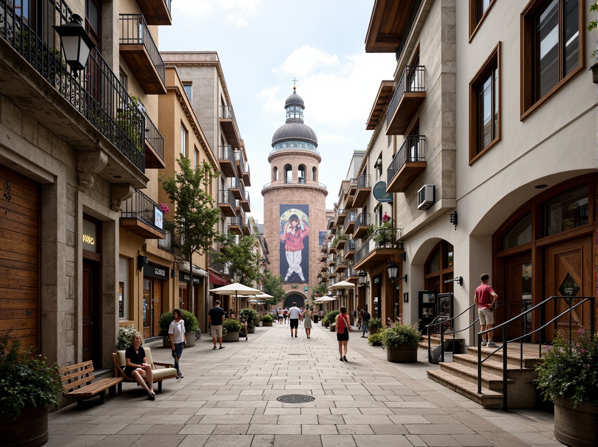 Prompt: Vibrant market square, eclectic building facades, fusion of modern and traditional styles, ornate decorations, intricate stone carvings, colorful street art, bustling commercial activity, lively atmosphere, natural stone walkways, wooden accents, metal lanterns, grand entrance arches, dynamic lighting, shallow depth of field, 1/1 composition, realistic textures, ambient occlusion.