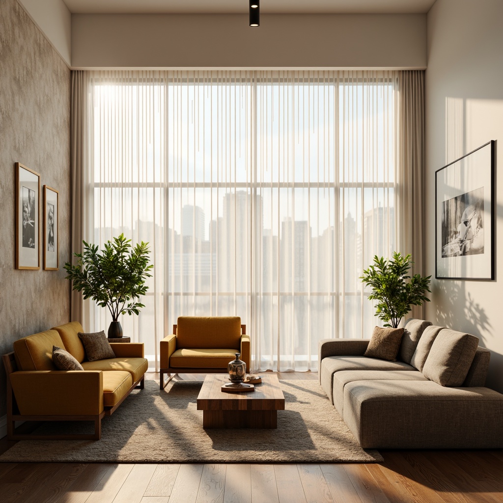 Prompt: Vibrant living room, floor-to-ceiling windows, sheer white curtains, warm natural light, soft shadows, comfortable seating area, wooden coffee table, plush sofas, greenery plants, modern minimalist decor, neutral color palette, subtle textures, 1/1 composition, shallow depth of field, realistic rendering.