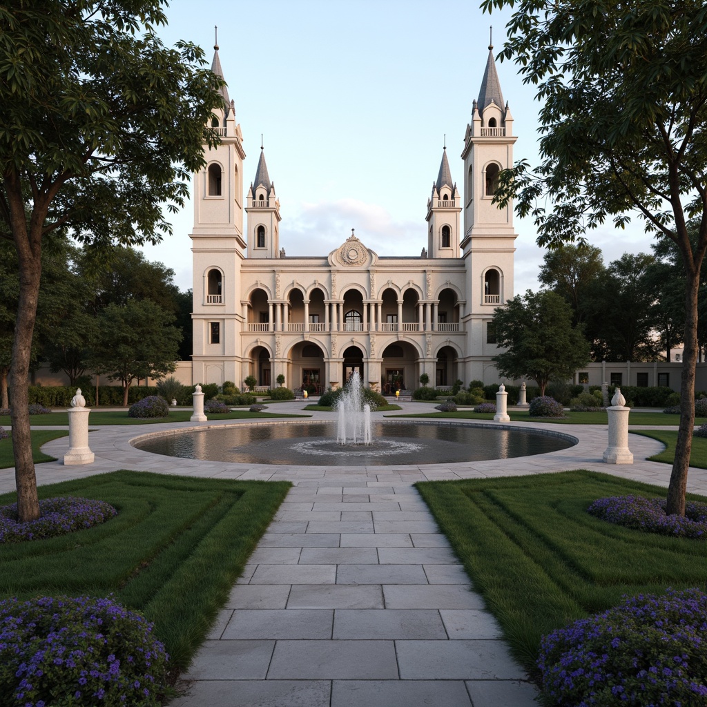 Prompt: Symmetrical monumental entrance, grandiose columns, ornate carvings, harmonious arches, identical twin towers, mirrored reflections, central axis, radial symmetry, balanced composition, formal gardens, precise pathways, manicured lawns, classical architecture, Renaissance-inspired design, neutral color palette, elegant fountains, synchronized water features, dramatic spotlights, soft ambient lighting, 1/1 composition, central perspective, realistic textures, subtle shading.