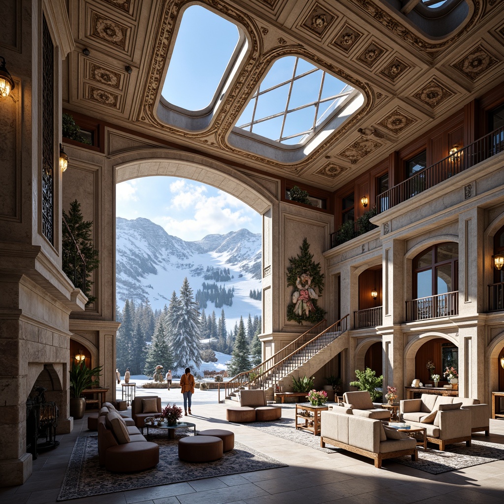 Prompt: Grandiose ski resort, snow-capped mountains, frozen lakes, luxurious amenities, ornate Baroque architecture, intricate stone carvings, golden accents, grand staircases, opulent chandeliers, lavish furnishings, rich wood tones, regal atmosphere, innovative roof design, curved lines, sweeping arches, dramatic skylights, clerestory windows, snow-load resistant materials, avalanche-proof structures, rustic wooden beams, natural stone walls, warm cozy fireplaces, soft warm lighting, shallow depth of field, 1/1 composition, realistic textures, ambient occlusion.