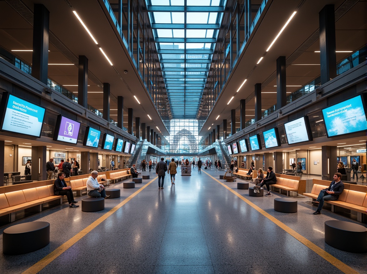 Prompt: Modern metro station interior, sleek glass ceilings, stainless steel columns, polished granite floors, vibrant LED lighting, comfortable seating areas, futuristic digital displays, clear signage systems, efficient crowd control measures, spacious platforms, natural stone walls, urban cityscape views, rush hour atmosphere, warm color tones, shallow depth of field, 1/2 composition, realistic textures, ambient occlusion.