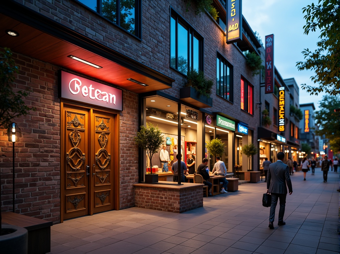 Prompt: Vibrant market scene, fusion architecture, eclectic facades, mixed materials, brick and metal combinations, ornate wooden doors, colorful neon signs, bustling street activity, lively atmosphere, warm evening lighting, shallow depth of field, 1/1 composition, realistic textures, ambient occlusion.