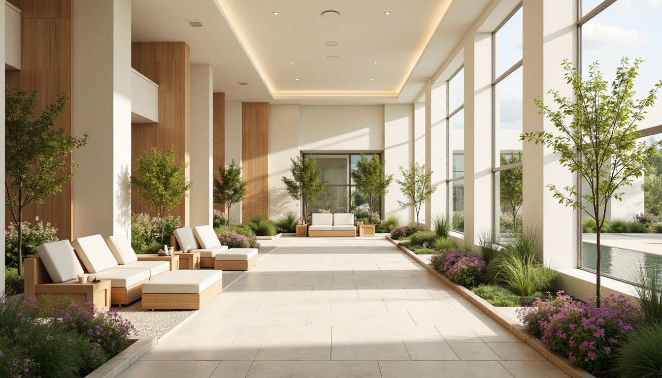 Prompt: Soothing healthcare center, calming atmosphere, gentle color palette, soft pastel hues, creamy whites, warm beige tones, natural wood accents, comfortable seating areas, lush greenery, vibrant flowers, peaceful water features, subtle texture patterns, minimal ornamentation, clean lines, modern minimalist design, abundant natural light, soft diffused lighting, shallow depth of field, 1/1 composition, realistic renderings, ambient occlusion.