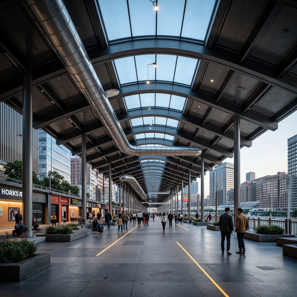 Prompt: Modern transportation hub, sleek metal fa\u00e7ade, glass roofs, polished concrete floors, industrial-style lighting, exposed ductwork, minimalist seating areas, stainless steel handrails, LED signage, dynamic digital displays, futuristic architecture, high-tech materials, metallic accents, reflective surfaces, angular lines, urban cityscape, bustling atmosphere, morning rush hour, soft natural light, shallow depth of field, 1/1 composition, realistic textures, ambient occlusion.