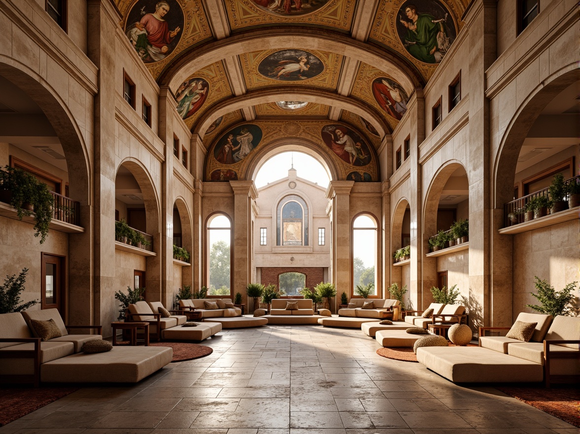 Prompt: Ancient Roman-inspired amphitheater, grandiose stone architecture, ornate carvings, majestic arches, vibrant frescoes, comfortable seating areas, curved rows of seats, plush cushions, wooden armrests, intricate mosaics, natural stone flooring, warm golden lighting, soft shadows, 1/2 composition, symmetrical framing, realistic textures, ambient occlusion.