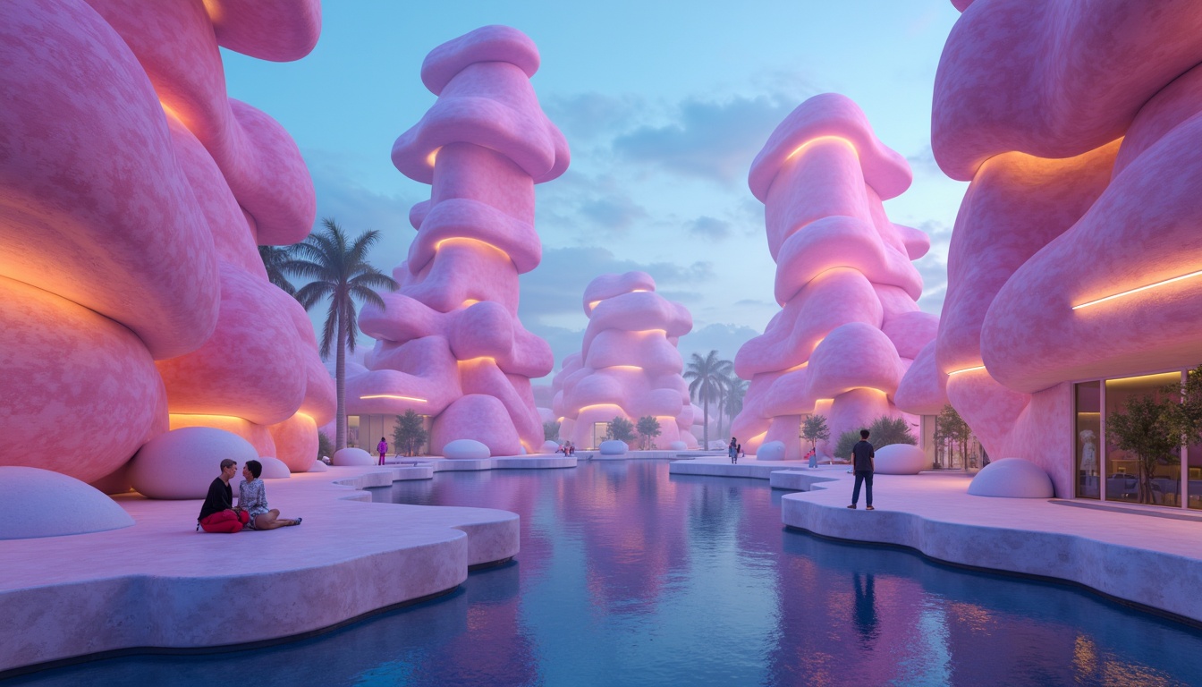 Prompt: Vibrant blob-like structures, pastel hues, soft gradients, iridescent sheen, translucent materials, glowing accents, neon-lit interiors, dark mood lighting, misty atmospheric effects, futuristic ambiance, surreal landscape, abstract composition, dreamy quality, shallow depth of field, panoramic view, realistic textures, ambient occlusion.