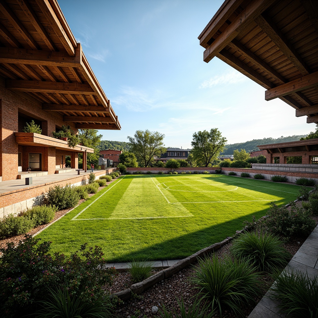 Prompt: Rustic soccer stadium, regional brick facades, earthy terracotta tones, natural stone walls, wooden roof trusses, exposed steel beams, vibrant green fields, lush surrounding landscaping, local flora species, sunny afternoon light, soft warm shadows, shallow depth of field, 3/4 composition, panoramic view, realistic textures, ambient occlusion.