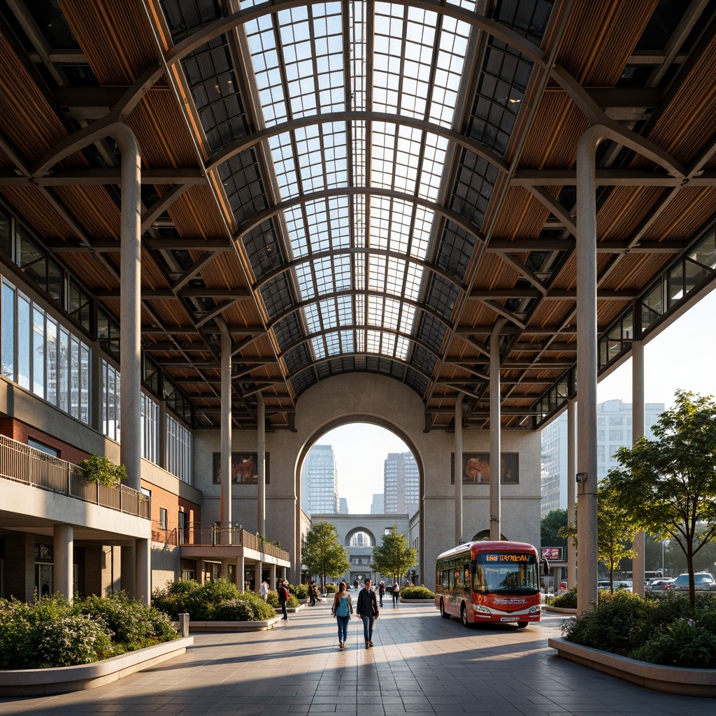 Prompt: Grand bus terminal, ornate metalwork, intricate stonework, vaulted ceilings, stained glass windows, modern LED lighting, sleek ticketing machines, comfortable seating areas, lush greenery, natural stone flooring, curved architectural lines, futuristic bus designs, electric vehicle charging stations, urban cityscape, morning rush hour, soft warm lighting, shallow depth of field, 1/2 composition, realistic textures, ambient occlusion.