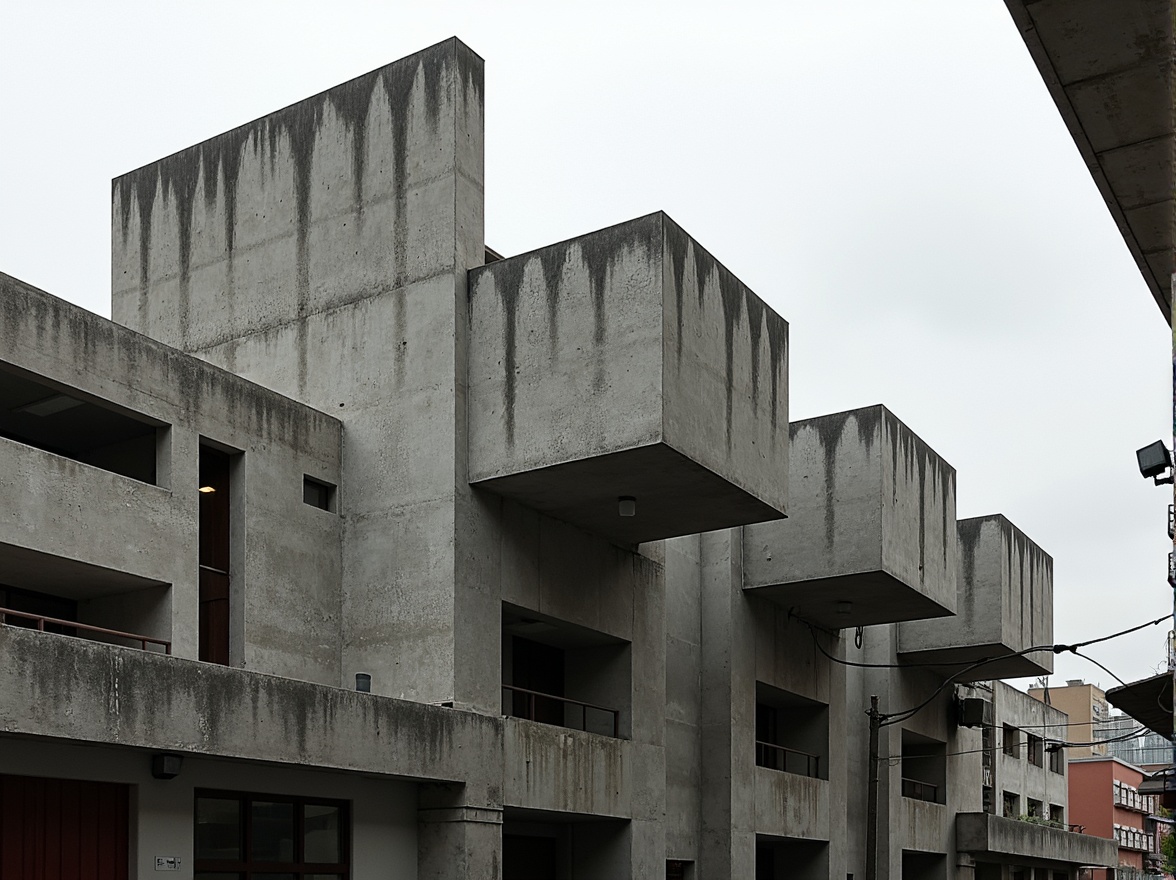 Prompt: Exposed concrete walls, rugged textures, fortress-like architecture, dramatic cantilevered roofs, bold geometric shapes, minimalist ornamentation, industrial materials, raw unfinished surfaces, brutalist aesthetic, urban context, overcast skies, harsh lighting, deep shadows, low-angle composition, gritty realistic renderings.