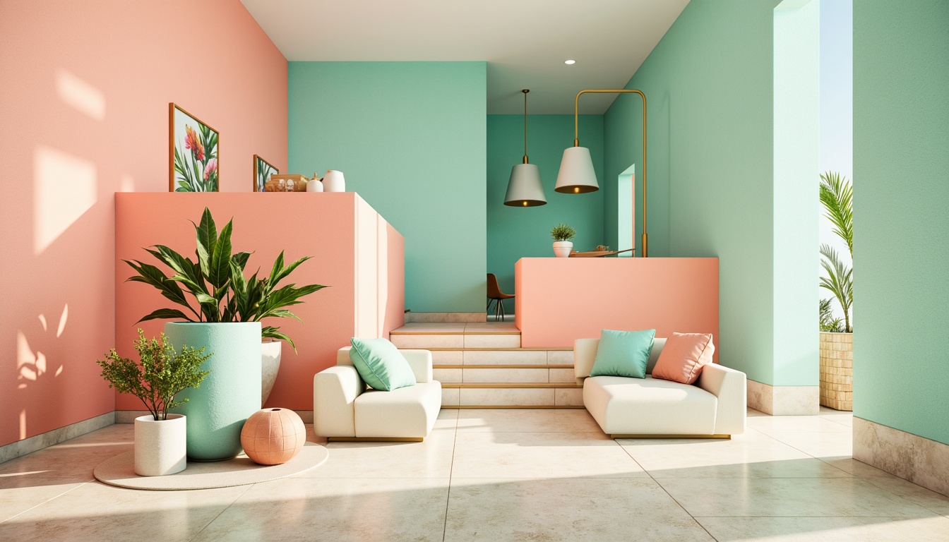 Prompt: Vibrant color scheme, pastel hues, soft peach tones, calming mint greens, rich turquoise accents, bold coral statements, creamy whites, warm beige backgrounds, subtle golden textures, natural earthy undertones, elegant typography, harmonious contrast, analogous color relationships, 3D visual depth, atmospheric perspective, realistic material finishes.