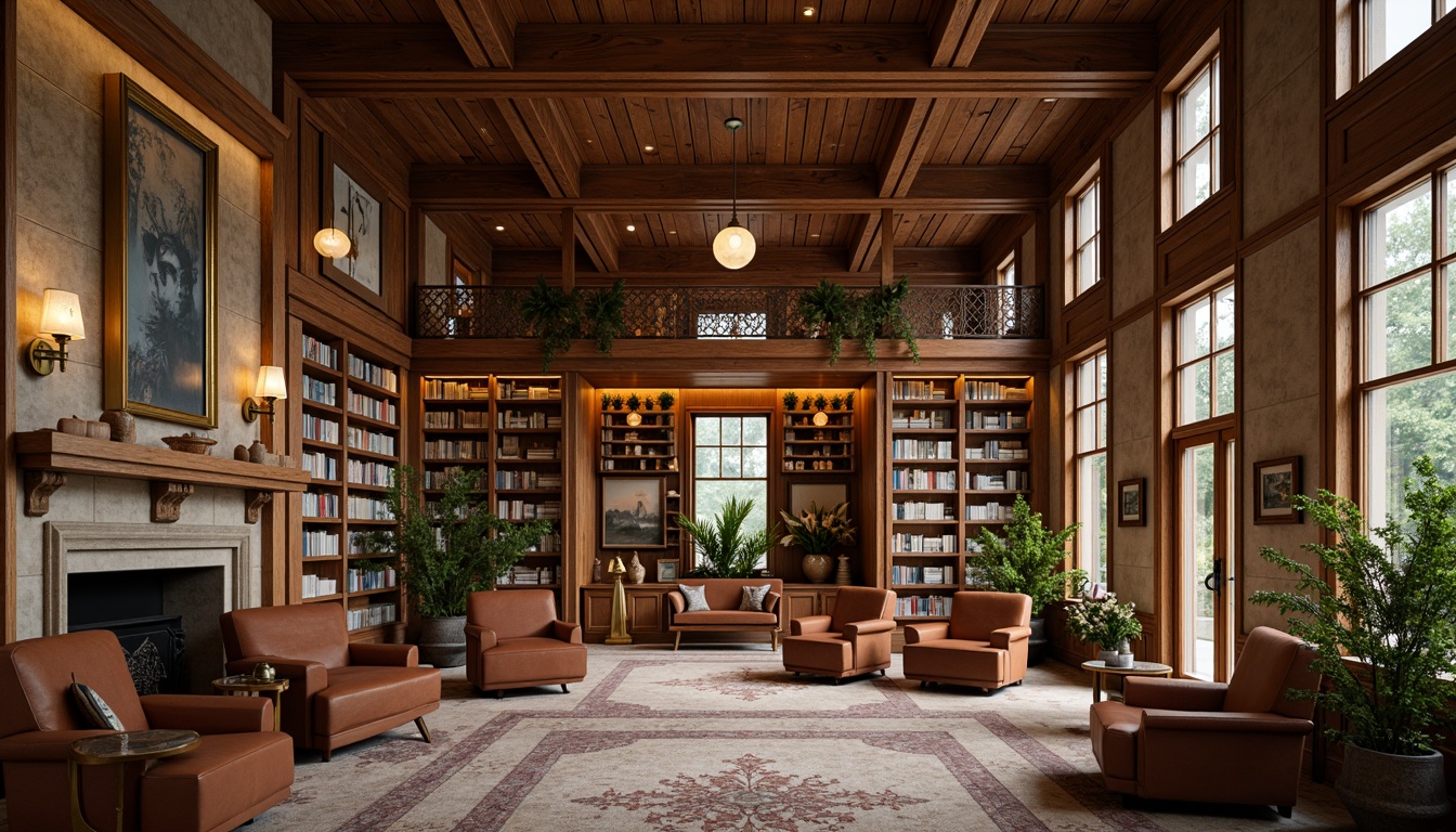 Prompt: Cozy library atmosphere, warm wooden bookshelves, rich leather armchairs, soft golden lighting, earthy tones, muted greens, soothing blues, creamy whites, vintage-inspired decorative accents, ornate metal fixtures, plush area rugs, quiet reading nooks, comfortable seating areas, natural stone walls, rustic wood beams, calming ambiance, warm beige colors, gentle color transitions, harmonious color scheme, inviting book corners, peaceful study areas.