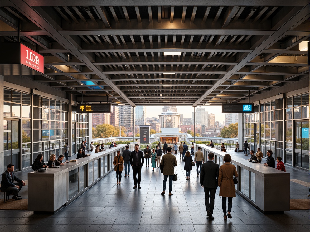 Prompt: Modern metro station, sleek metallic structures, high-ceilings, grand entrances, bustling pedestrian traffic, urban cityscape, morning rush hour, warm artificial lighting, polished granite floors, stainless steel handrails, minimalist signage, functional wayfinding systems, vibrant colored accents, dynamic LED displays, airy open spaces, natural ventilation systems, green roofs, eco-friendly materials, sustainable design principles, advanced passenger information systems, efficient crowd management strategies, 1/2 composition, shallow depth of field, realistic textures.