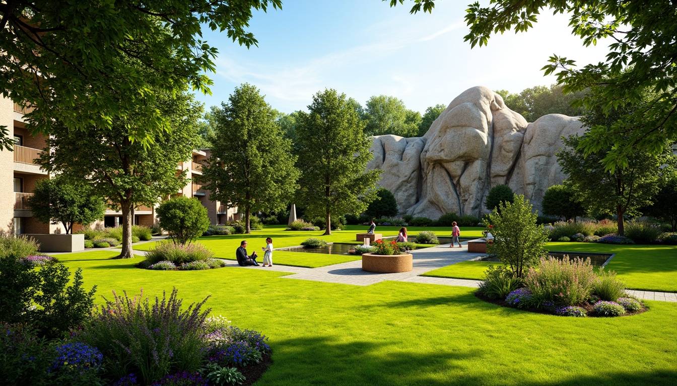 Prompt: Lush green lawn, vibrant flowerbeds, ornamental trees, meandering pathways, rustic stone walls, wooden fences, serene water features, tranquil ponds, colorful garden benches, natural rock formations, blooming shrubs, sunny day, soft warm lighting, shallow depth of field, 3/4 composition, panoramic view, realistic textures, ambient occlusion.